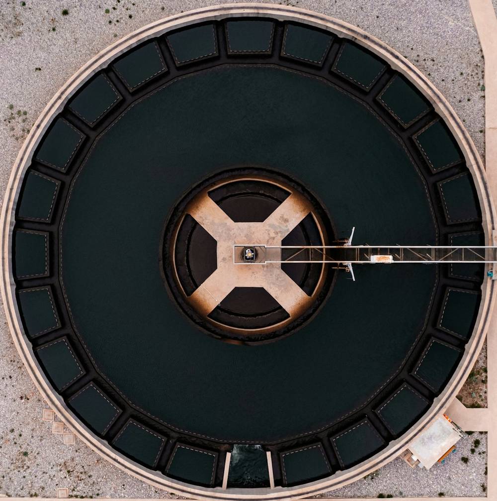 Overhead view of a treatment basin
